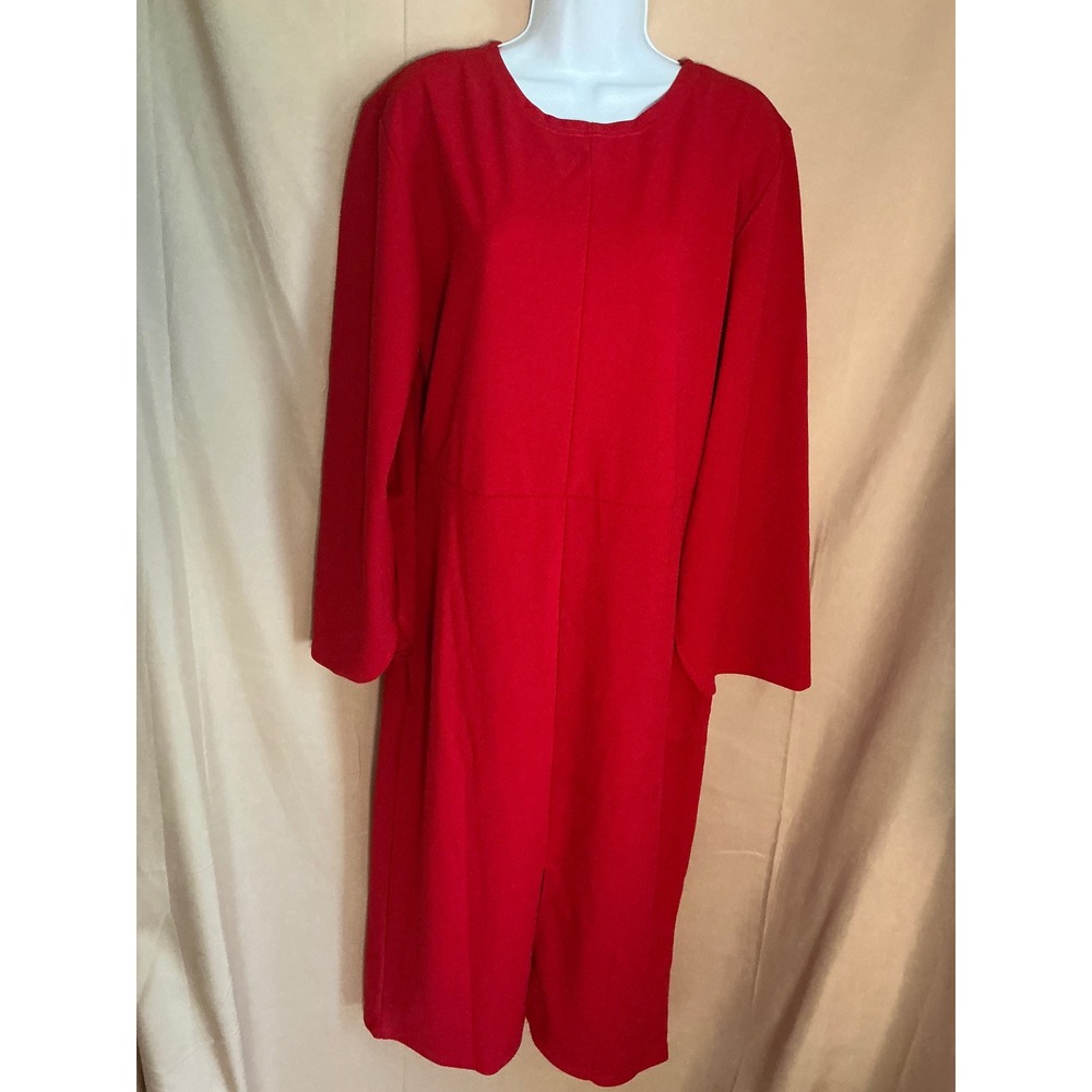 Cute Cherry Midi Dress Women XL Red New Long Sleeve Round Neck Stretch Slit